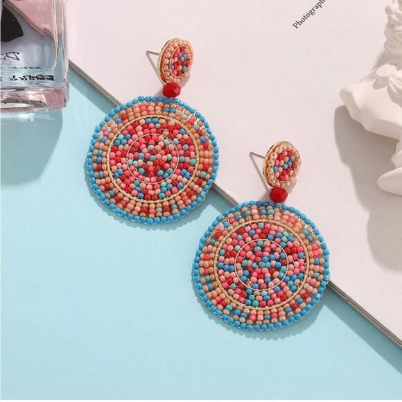 Multicolored Beaded Double Round Disc Boho Drop Statement Post Back Earrings - Picture 2 of 7